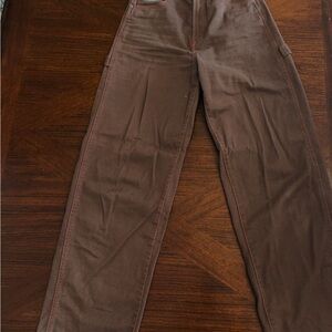 Brown straight-Leg jeans with orange stitching